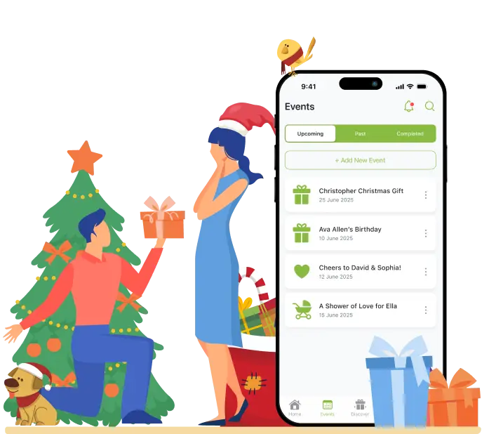 Couple exchanging presents and GyftPro app suggesting gift ideas for Christmas