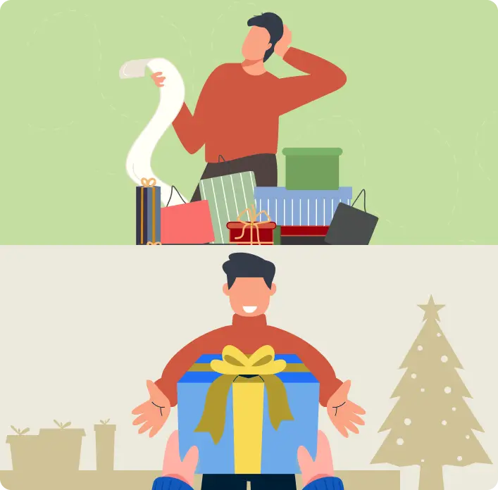 Before and after moment while choosing gift ideas for Christmas